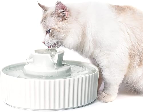 NautyPaws Fuente de agua de cerámica para gatos, dispensador de fuente de agua de cerámica para mascotas, fuente de agua de 2.1 L para gatos y