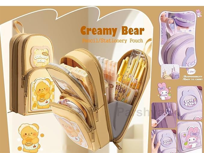 Image of Invite Multi-Functional Soft Pencil Case for Girls - Large Capacity Zipper Pouch with Multiple Compartments - Aesthetic Stationery Organizer for School, College & Office (Creamy Bear)