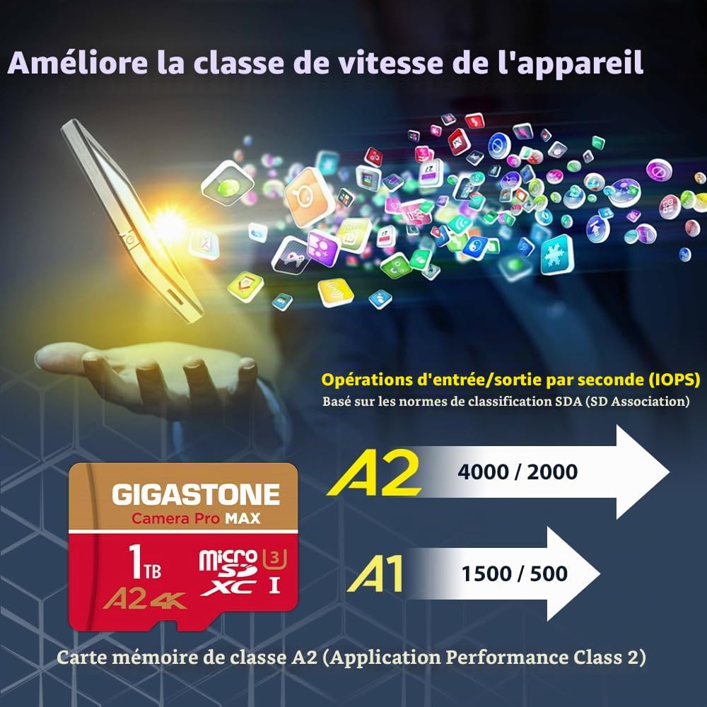 [5 Ans Récupération de données Gratuite] GIGASTONE Carte Mémoire 1 to, Camera Pro Max, Vitesse jusqu'à 170/140 Mo/s, pour GoPro, DJI, Drone, Insta360, 4K Video A2 V30 U3 MicroSDXC avec Adaptateur SD.