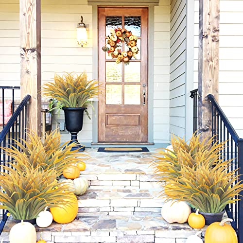 6 Bundle Artificial Fall Fake Grass Plants Faux Greenery Plastic Plant Outdoor Uv Resistant Shrubs For Garden Porch Window Box Decor (Green Orange) #TOP5