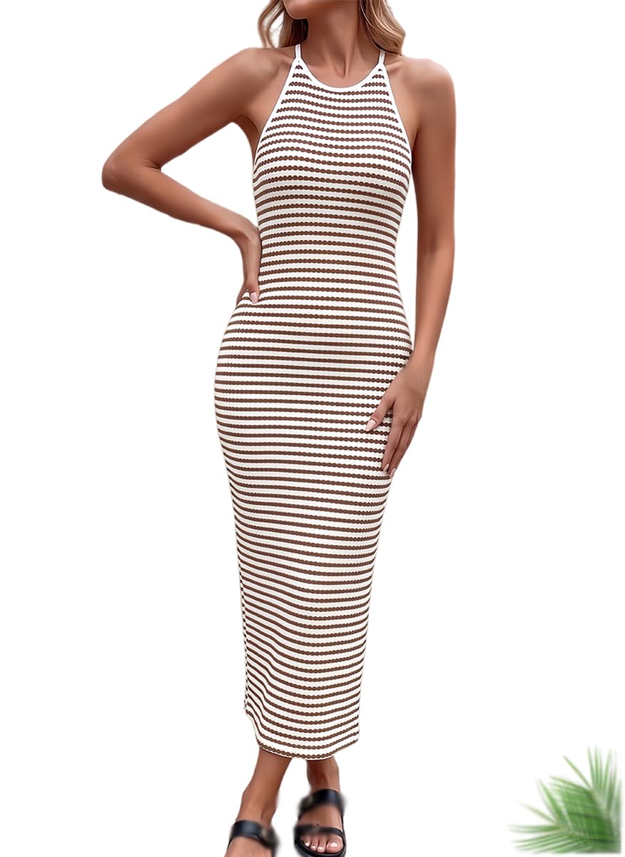 Generico Abito Bodycon da Donna in Maglia a Righe Stile Retro con Incrocio sulla Schiena – Abbigliamento Estivo per Vacanze al Mare
