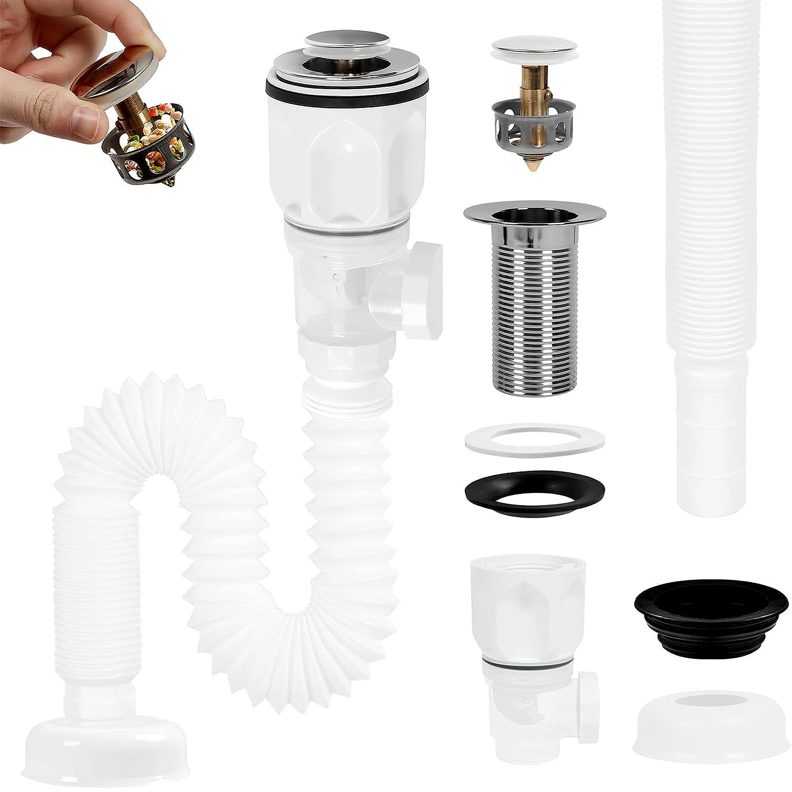 Sifón Lavabo Flexible Kits, Kit de Sifon Desague Lavabo con Tubo Fregadero Desague y Filtro Emergente Sifon Lavabo, Desagüe para Lavabo, Kits Desague Lavabo para Baños, Cocinas (Bianco)