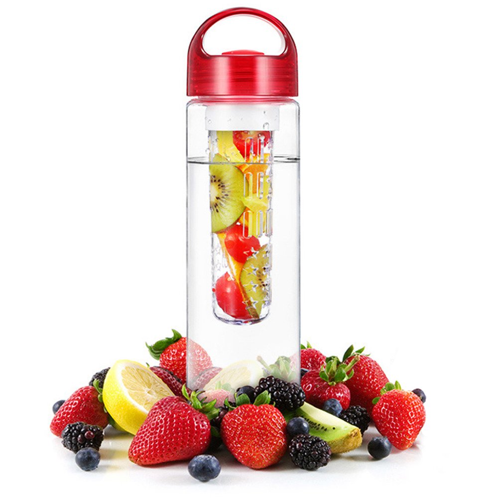 VLENIEN Outdoor Sports Kettle - BPA Free Tritan Plastic - Leak Proof - 24.5 OZ - Creative Lemon Fruit Infuser Space Water Bottle (Red)
