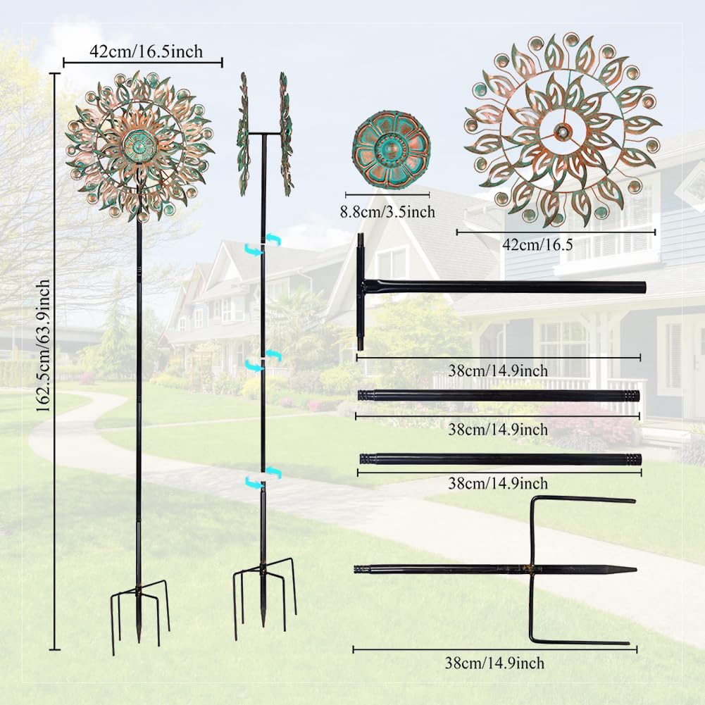DREAMYSOUL Molinillo de Viento de Metal, 16.5 Pulgadas de diámetro x 64 Pulgadas de Alto, para Exteriores, esculturas de Viento cinéticas de 5 Puntas y molinillos para jardín y Patio (Bronce)