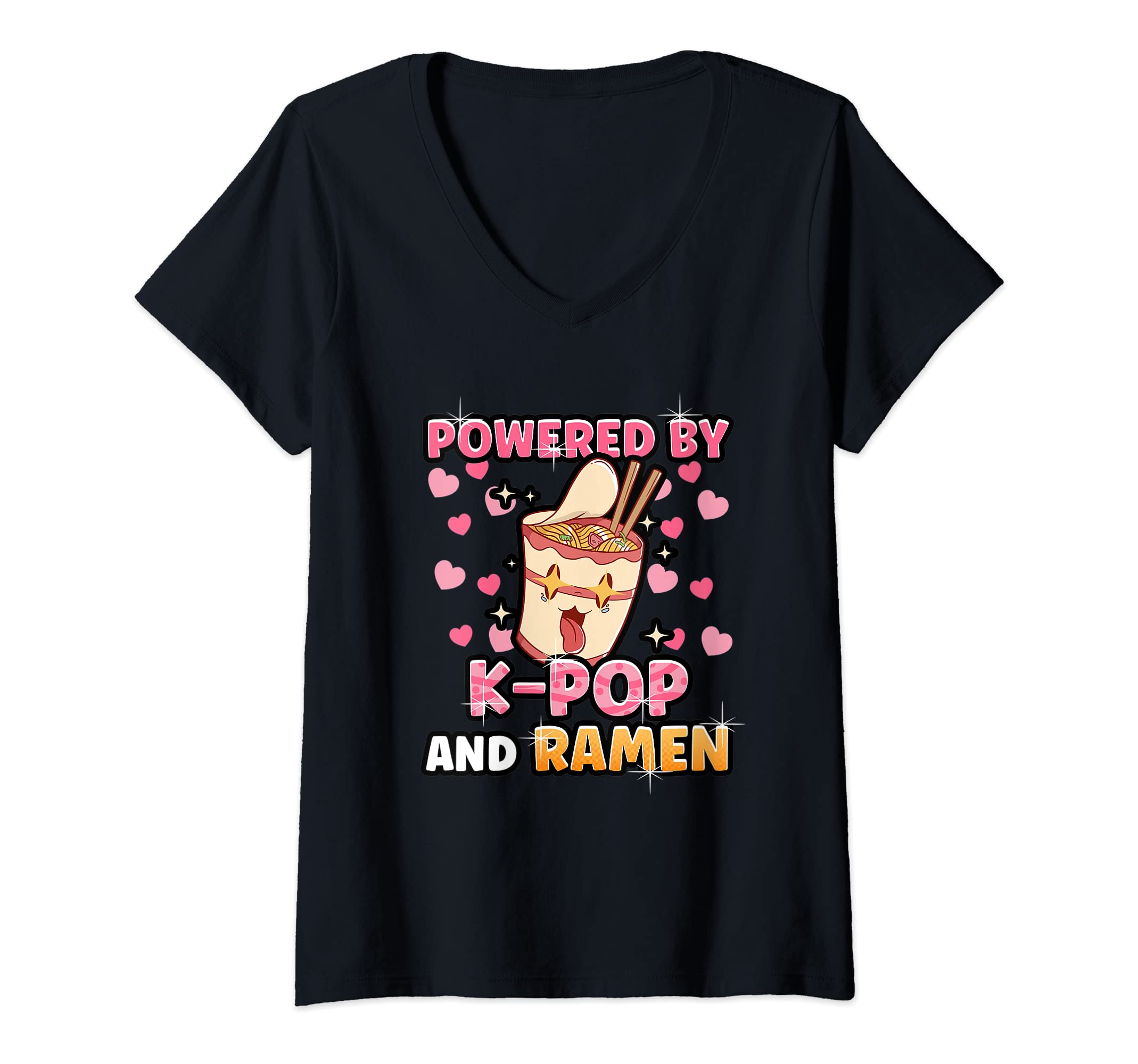 Womens Powered By K-Pop and Ramen K-Drama Kpop V-Neck T-Shirt