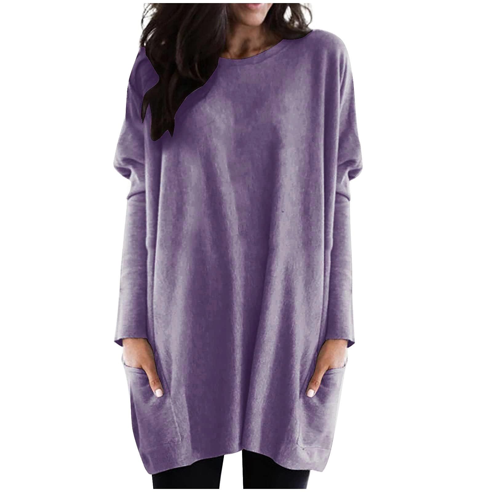 Womens Long Sleeve Tunic Tops for Leggings Fall Casual Long T Shirts with Pockets Dressy Loose Fit Oversized Cute Teacher Clothes Purple
