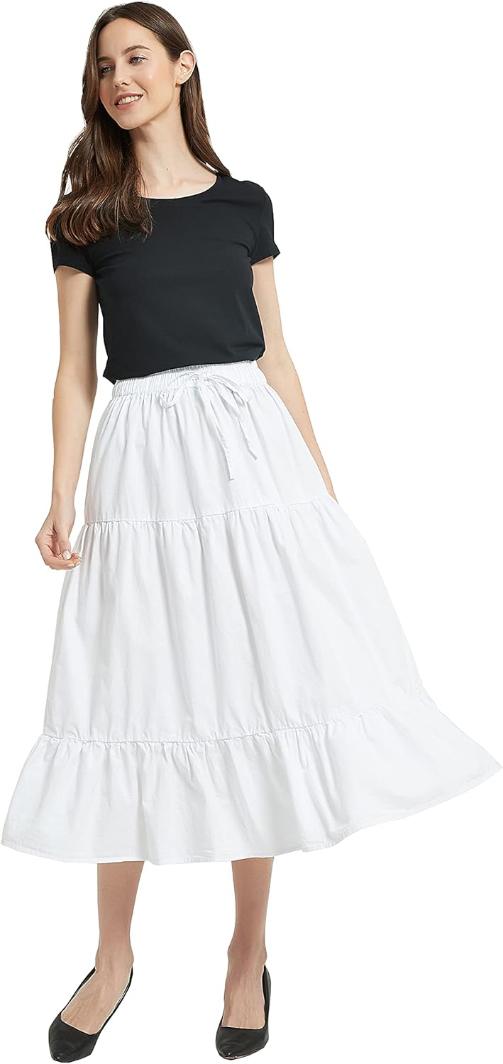 Tronjori Womens A Line Long Midi Denim Skirt Tired Pleated Layers Elastic Waist Front Drawstring - Image 4