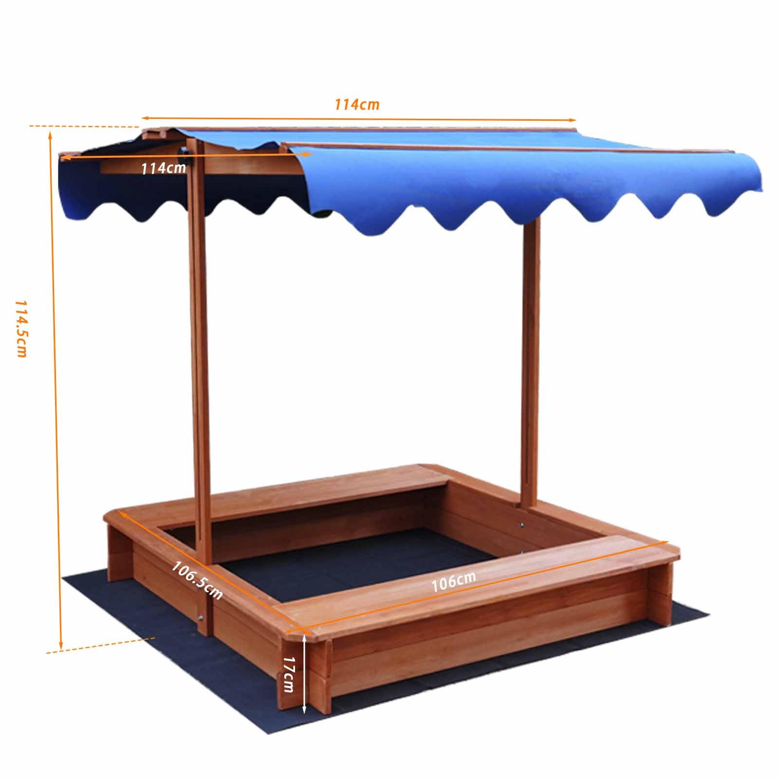 Bac à sable avec toit et banc, en bois, 114 x 114 x 114 cm, protection UV, bleu, avec tissu non tissé, le sac de sable convient uniquement aux enfants