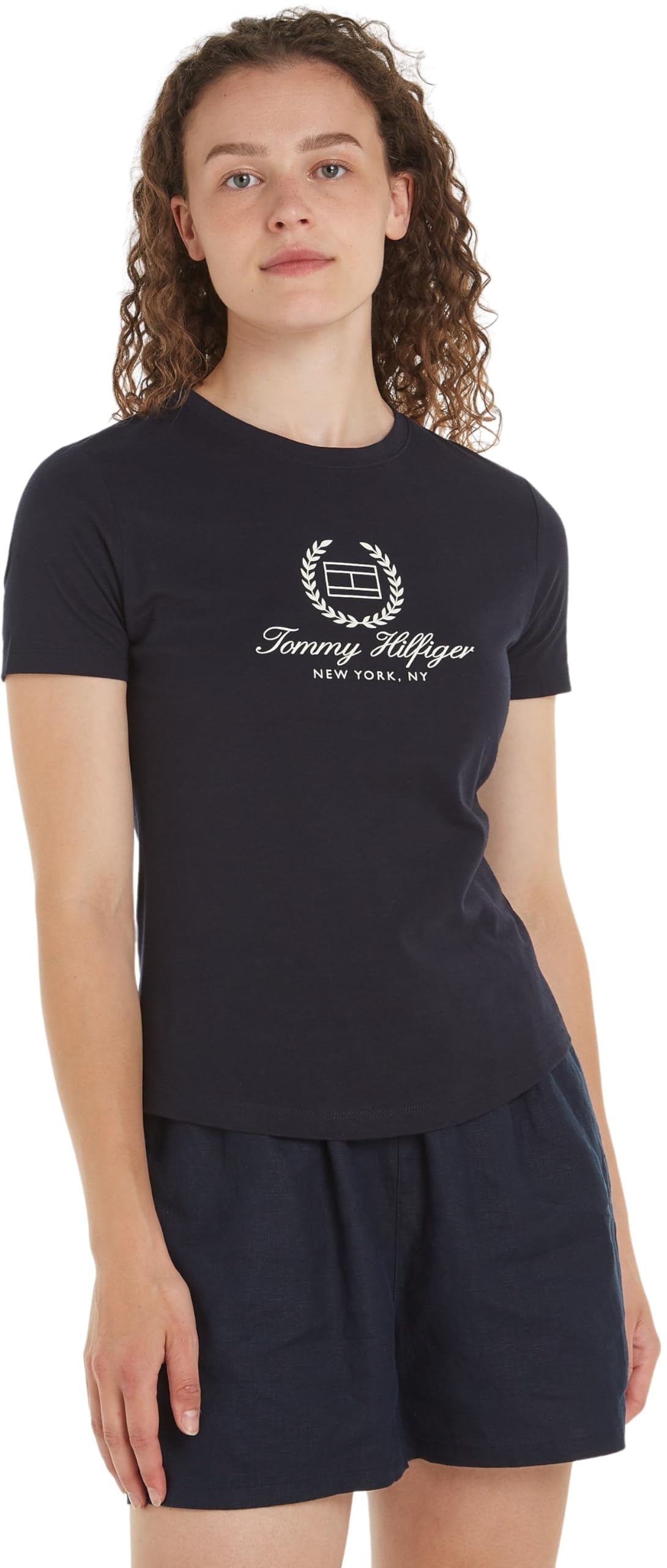 Tommy Hilfiger Women Short-Sleeve T-Shirt Slim Flag Tee Crew Neck, Blue (Desert Sky), XS