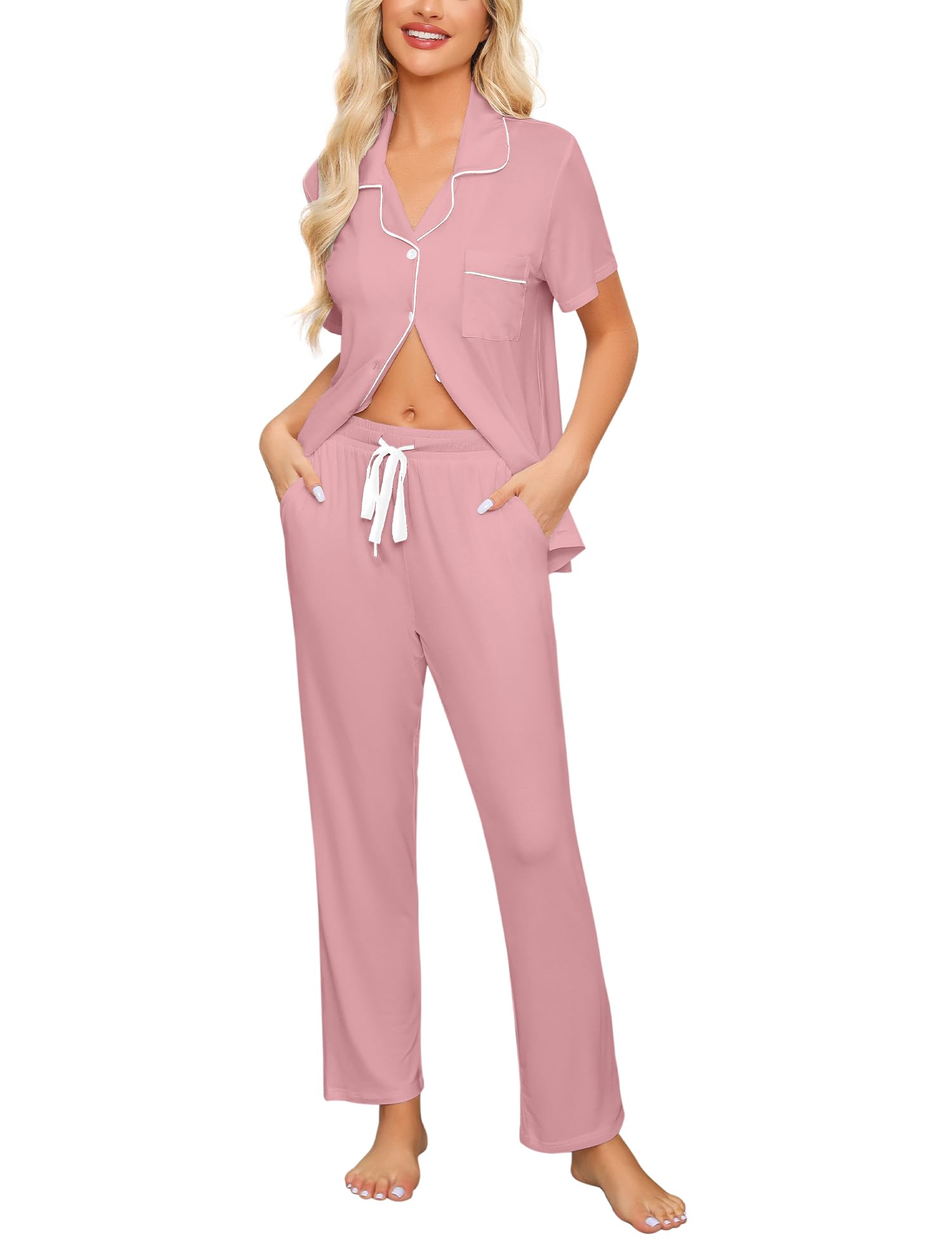 Anjue Pajamas for Women Soft Button Up Pajama Set Short Sleeve Shirt and Long Pants Lounge Sets S-XXL