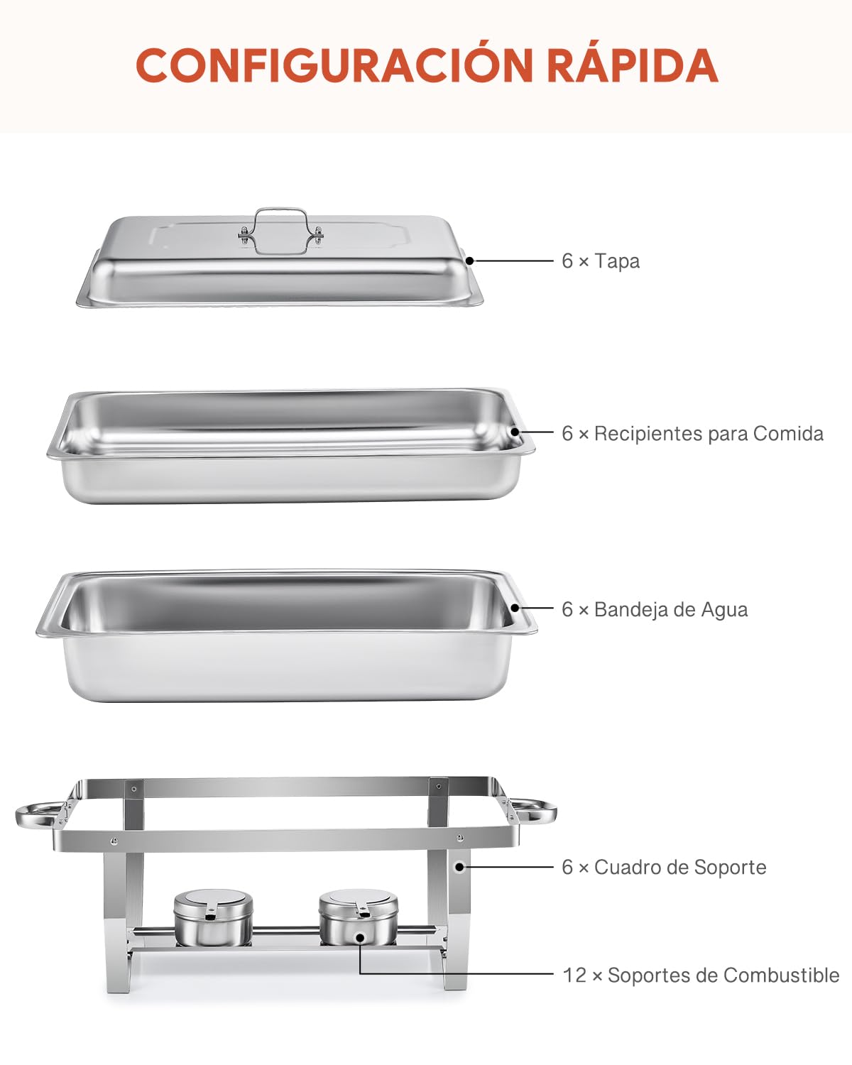 Wilprep Juego de 6 Calentadores de Comida para Buffet, Acero Inoxidable 9L con Bandeja de Calefacción, Chafing Dish para Catering, Fiestas y Eventos (6pcs)