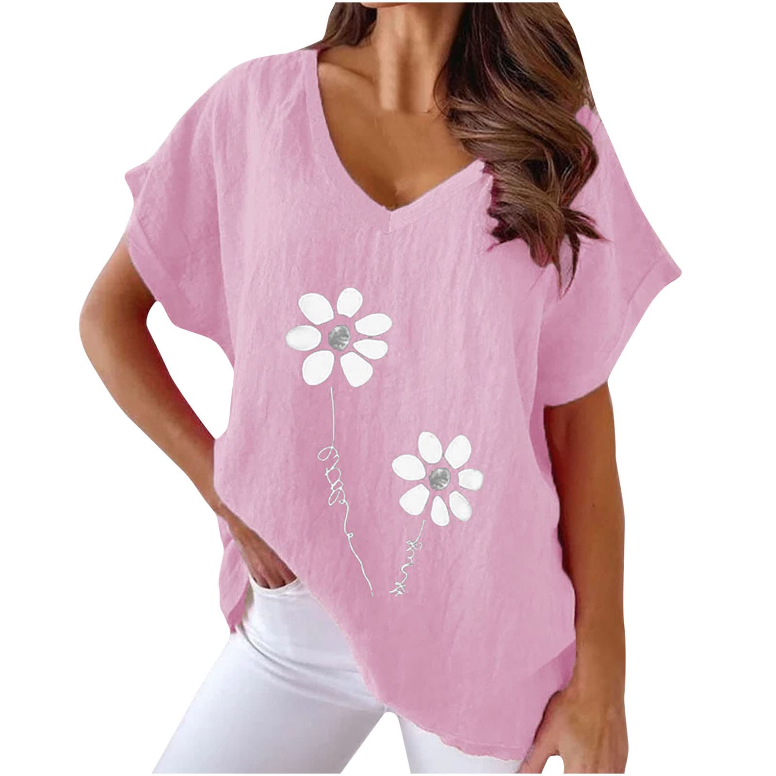 NUSGEAR 2023 Camiseta Manga Corta Mujer, Verano Algodón y Lino Moda Impresión Blusa Camisa Cuello en V Basica Camiseta Elegant Suelto Tops Casual Fiesta Cómodo T-Shirt Original tee Playa