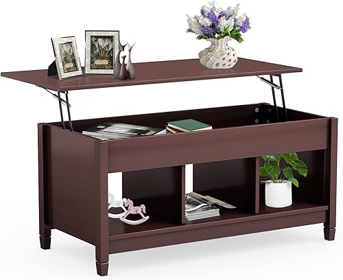 Miniatura 19 de COSTWAY Mesa auxiliar elevable, con compartimento de almacenamiento oculto y 3 estantes abiertos, mesa de té rectangular de cóctel con patas de