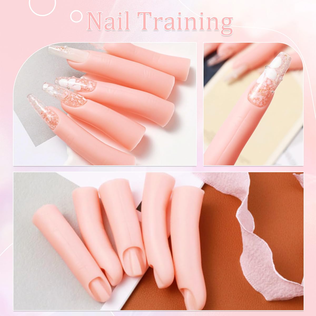 5 Pcs Silicone Practice Fingers for Acrylic Nails with 240 False Nail Tips Nail Training Mannequin Finger Soft Nail Art Training Manicure Fingers for DIY Nails Practice