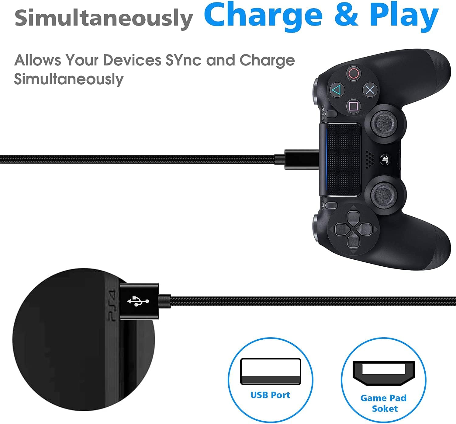 10FT PS4 Controller Charger Charging Cable, 2 Pack Nylon Braided Long USB to Micro USB Cable for Xbox One Controller, Playstation 4, PS4 Slim/Pro, Xbox One, Galaxy S7 S6 Note 5, Android Phone Charger