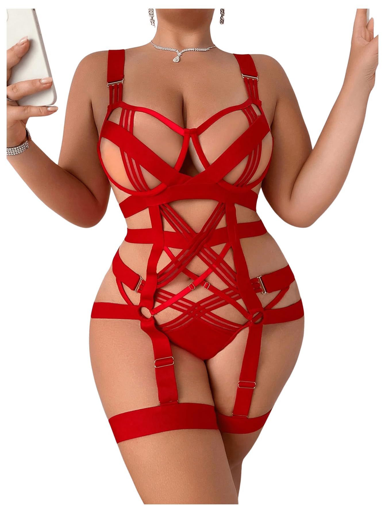 WDIRARA Women's Exotic Strappy Harness Hollow Out Underwired 4 Piece Lingerie Set