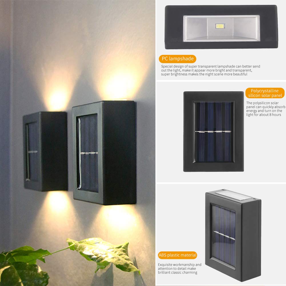 CALIDAKA Paquete de 2 lámparas solares LED de pared, lámparas de pared de seguridad para exteriores, impermeables IP65, luces solares solares para vallas, luces solares LED de pared para el hogar,