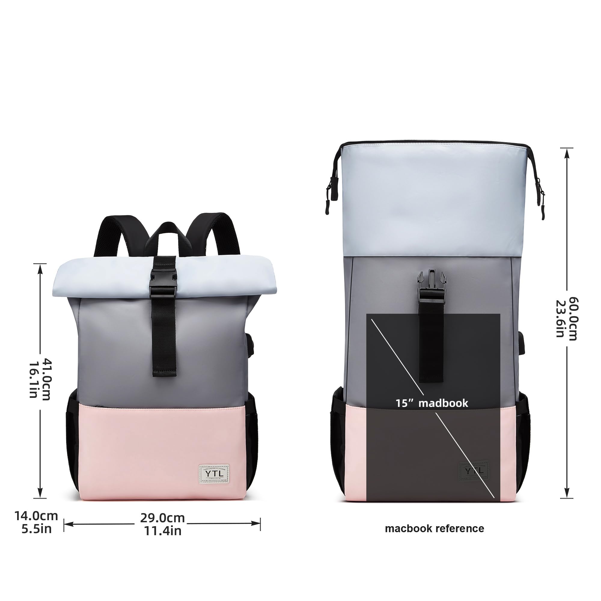 YTL Rolltop Rucksack Damen & Herren,Leichte Rucksäck Wasserdichte Tasche Radfahrenrucksack Reiserucksack Schultasche Teenager Backpack Women Viel Fächer mit 15,6" Laptopfach
