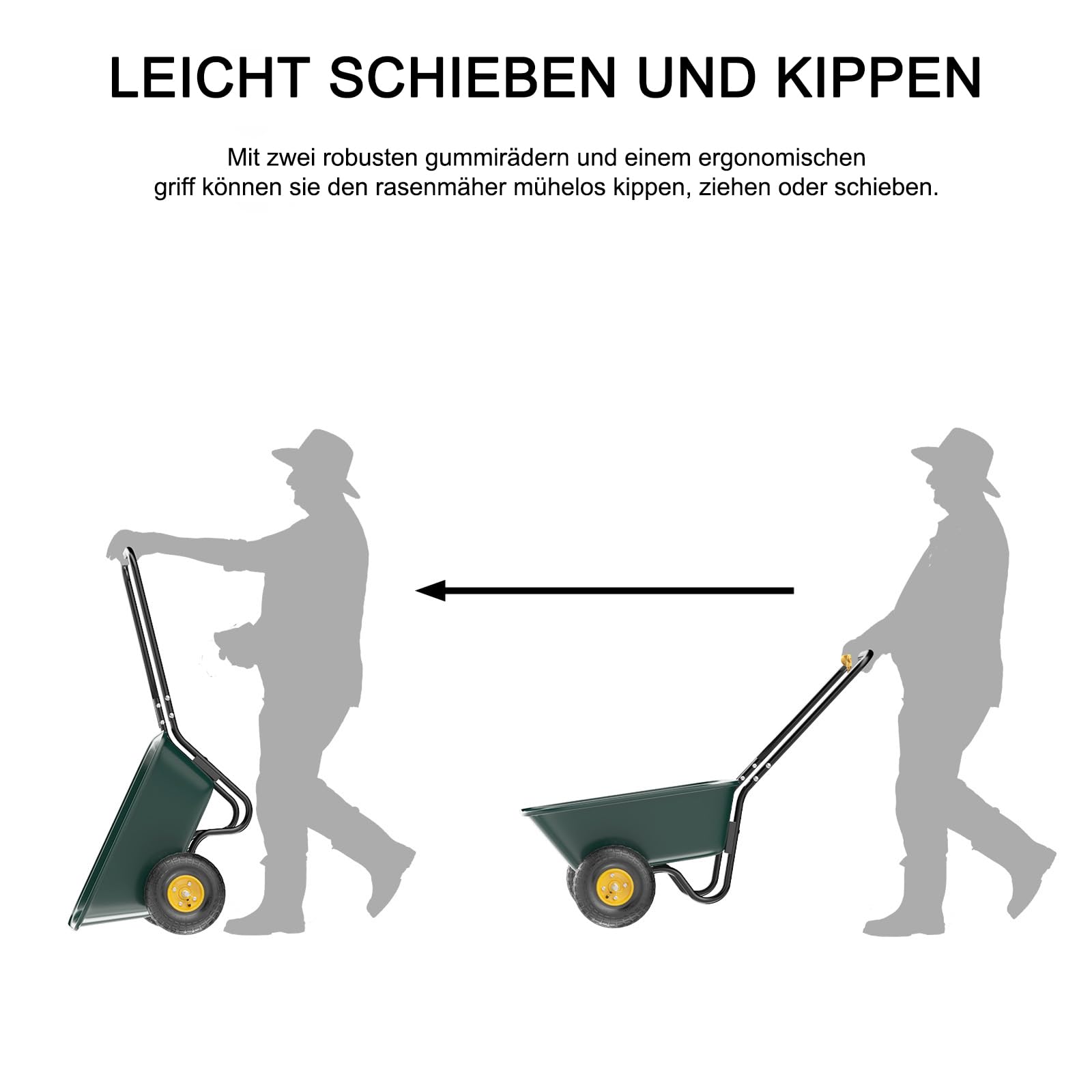 Schubkarre 2 räder - Luftreifen mit Metall Felge, bis 136kg - Stabile Ausführung mit Kunstoffwanne, Grün