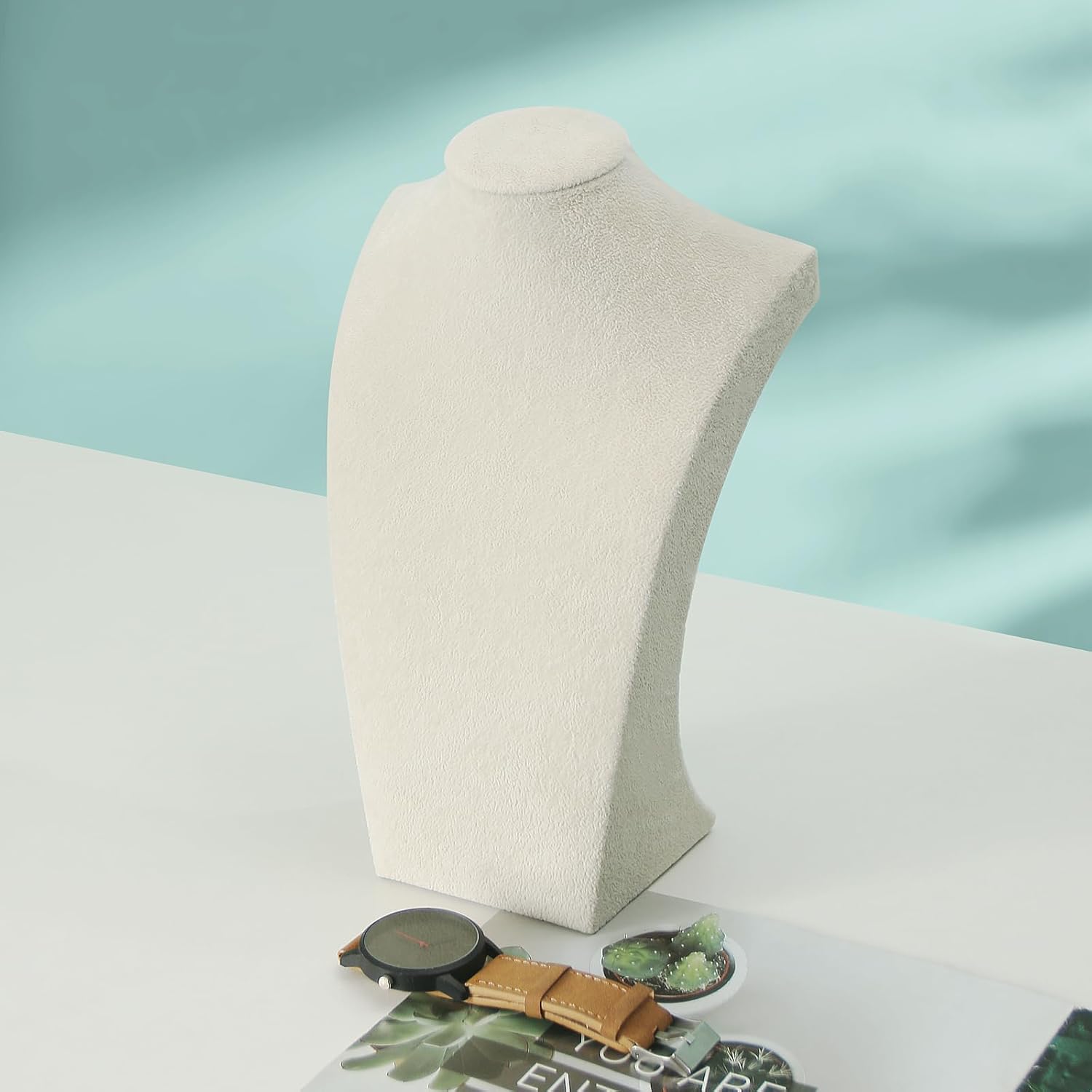 Coward Necklace Bust Stand, Necklace Holder Stand, Beige Velvet Necklace Jewelry Display Holder for Home Use or Store Shop Show (9" Hight) - Image 3