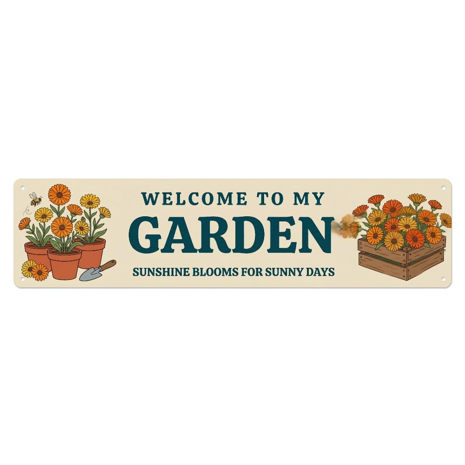 Metal Tin Sign Retro Garden Welcome Calendula Orange Pots