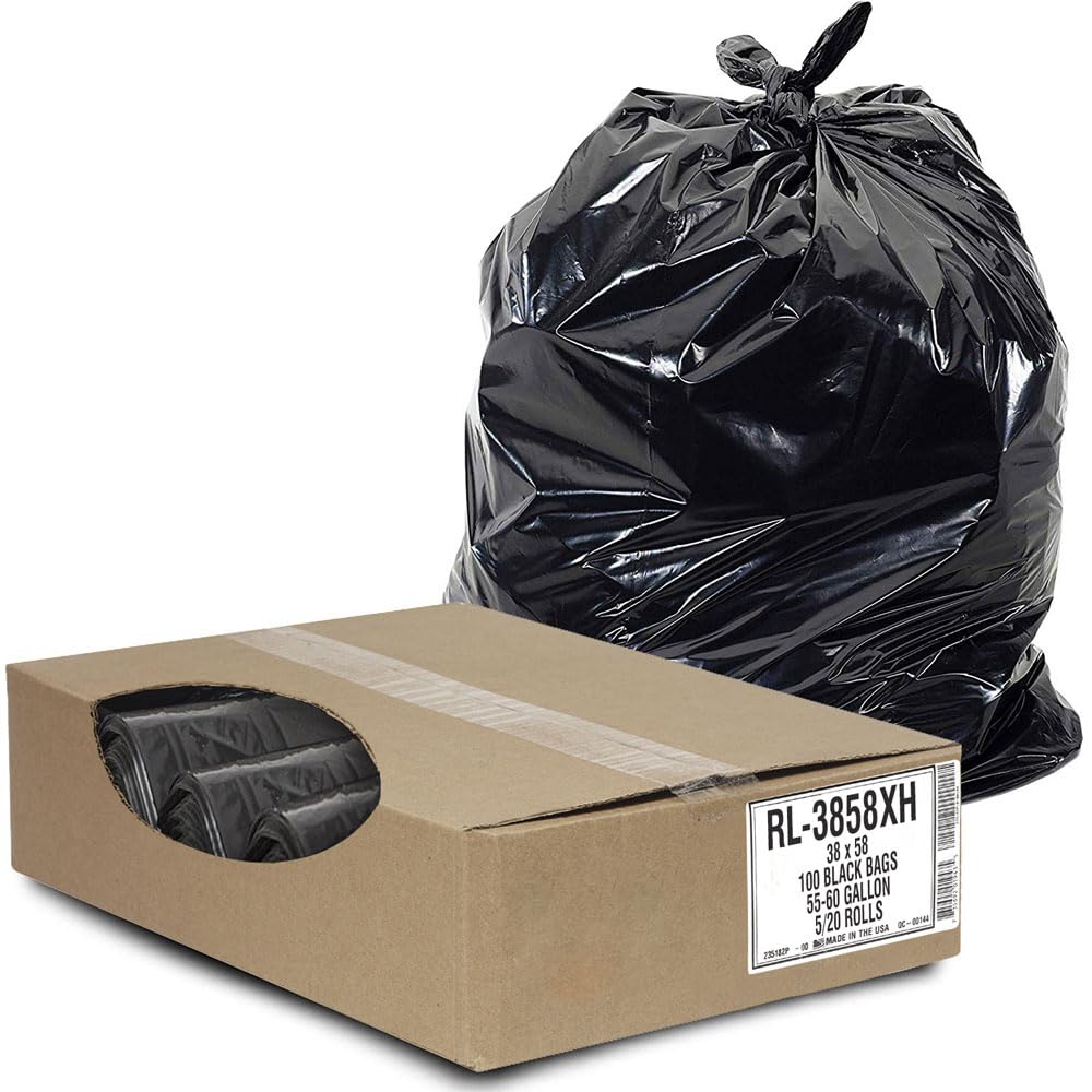Aluf Plastics55 Gallon Trash Can Liners (100 Count) - 38" x 58" - Thick 1.5 MIL Equivalent Black Trash Bags for Bathroom, Kitchen, Office, Industrial, Commercial, Recycling and More