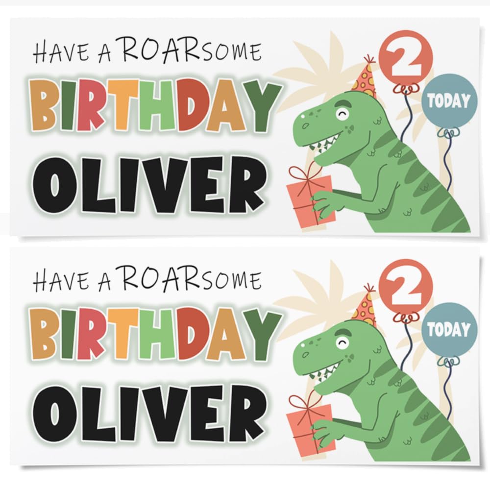Personalised Dinosaur Birthday Banners – Add Any Name & Age – Boys & Girls Party Decoration – Dinosaur Birthday Supplies (Pack of 4)