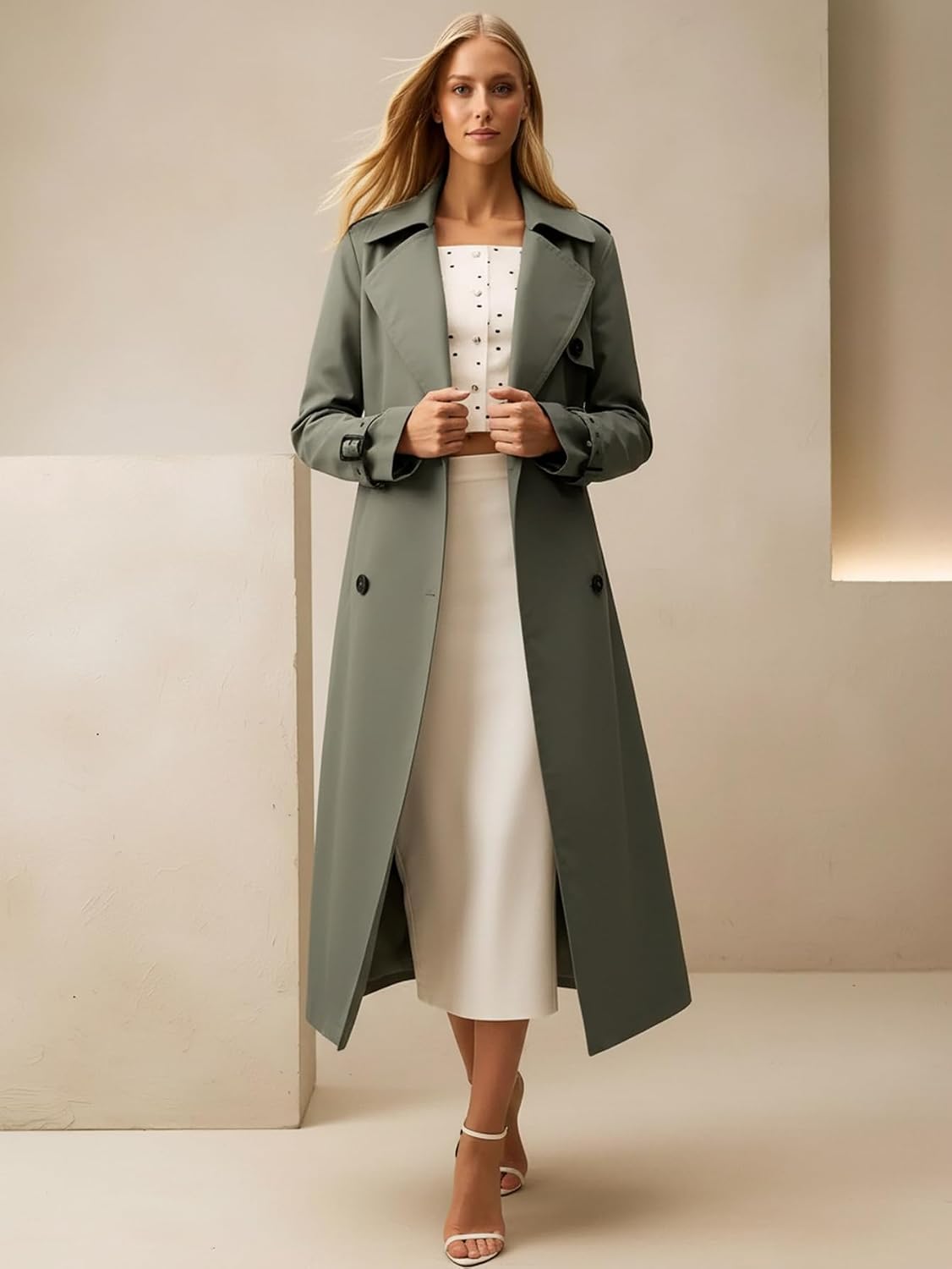Women's Trench Coat Long Double-Breasted Belted Lapel Overcoat Lightweight Casual Windproof Spring Fall Jacket