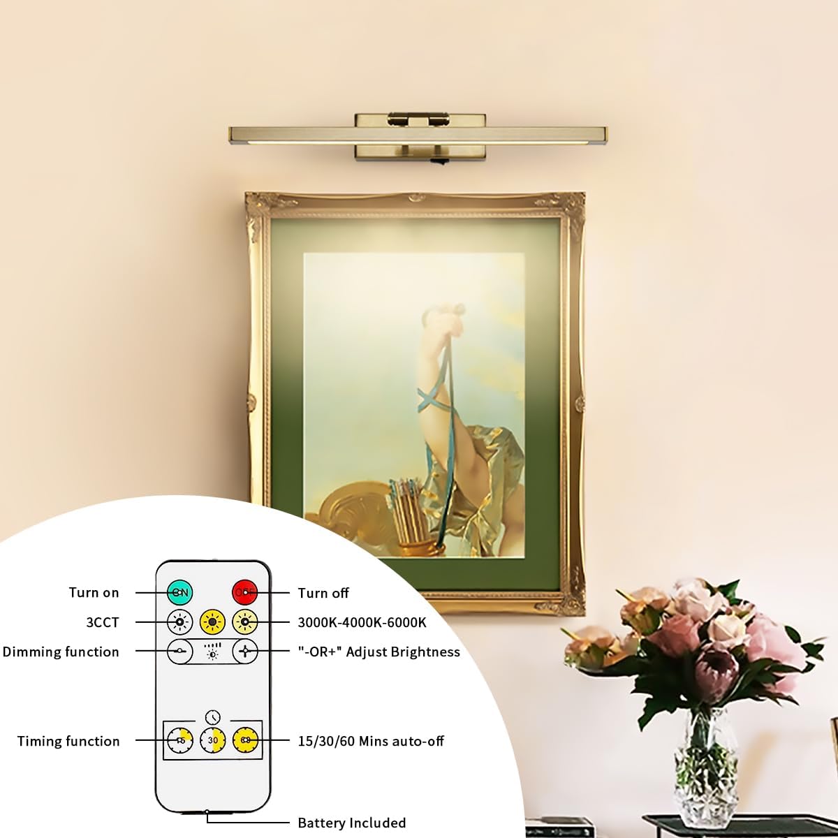 Wireless Picture Light Battery Operated with Remote LED Art Lights for Paintings Rechargeable Dimmable 15.7" Brass Lights Over Pictures on Wall Gold with Swing Arm for Display