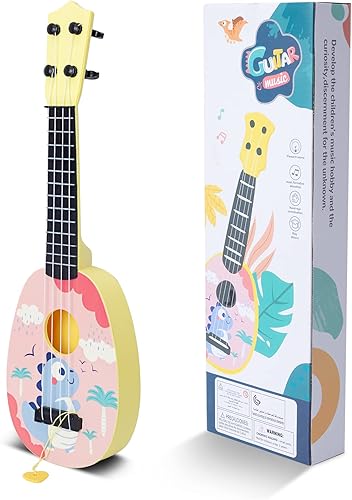 Miniatura 8 de YOLOPLUS+ Ukelele de juguete para niños, juguete musical de guitarra para niños, 4 cuerdas de acero de 17 pulgadas, con púa, para niños juegan con