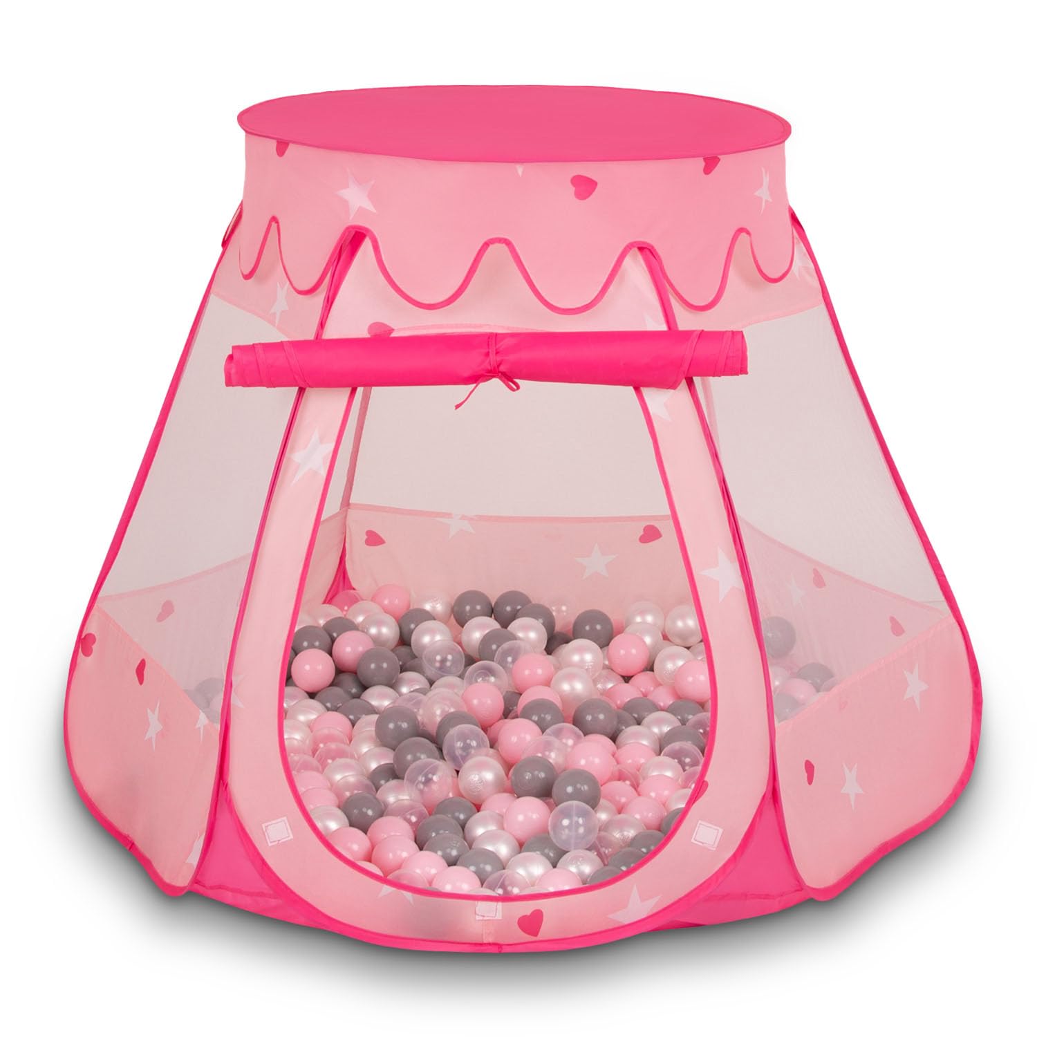 Selonis Play Tent 105X90cm/200 Balls Castle House Pop Up Ballpit Plastic Balls For Kids, Pink:Pearl-Grey-Transparent-Powder Pink — image 1