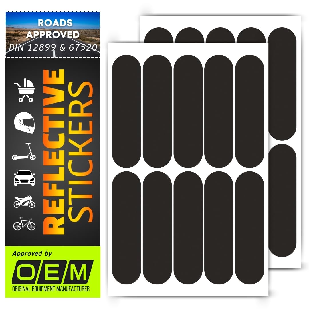 20 adesivi con nastro riflettente nero DIN67520 e ECE104 realizzati con riflettori Orafol 5600, resistenti all'acqua, resistenti ai raggi UV, per auto, moto, casco, cerchi, biciclette