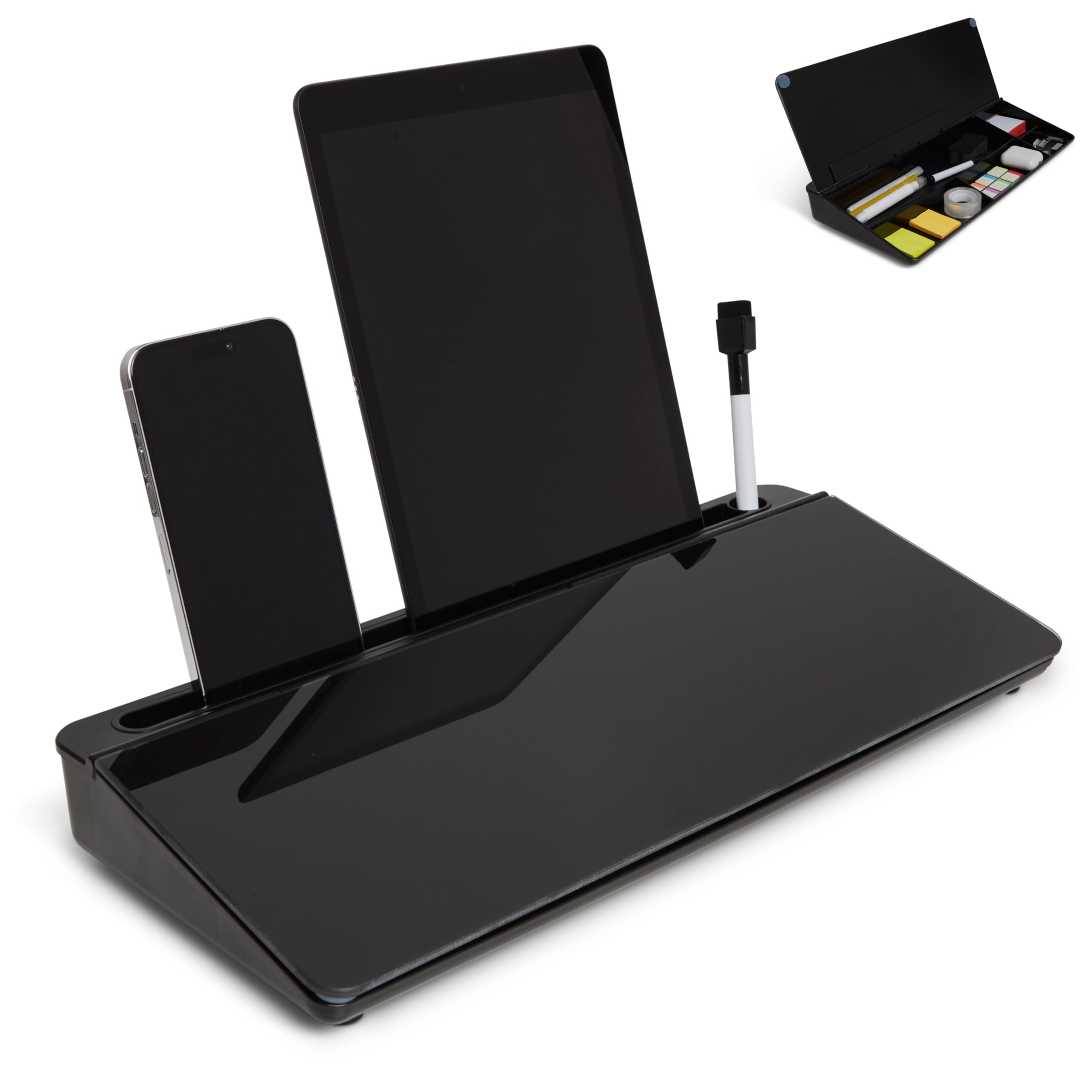 Desktop Whiteboard With Storage (Black) Desk White Board Desk top Dry Erase Board Desk Board Glass, Black Desktop White Board with stand Home Office Desk Organizer Phone Holder 15.8X7X2 inches