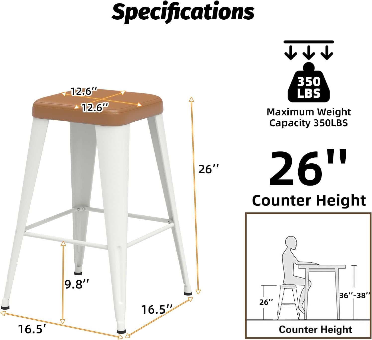 Metal Bar stools Set of 2, Upholstered Counter Height Bar Stools with Metal Legs, 26 Inch Industrial Barstools for Kitchen Island, Cafe (Brown Seat, White Legs)