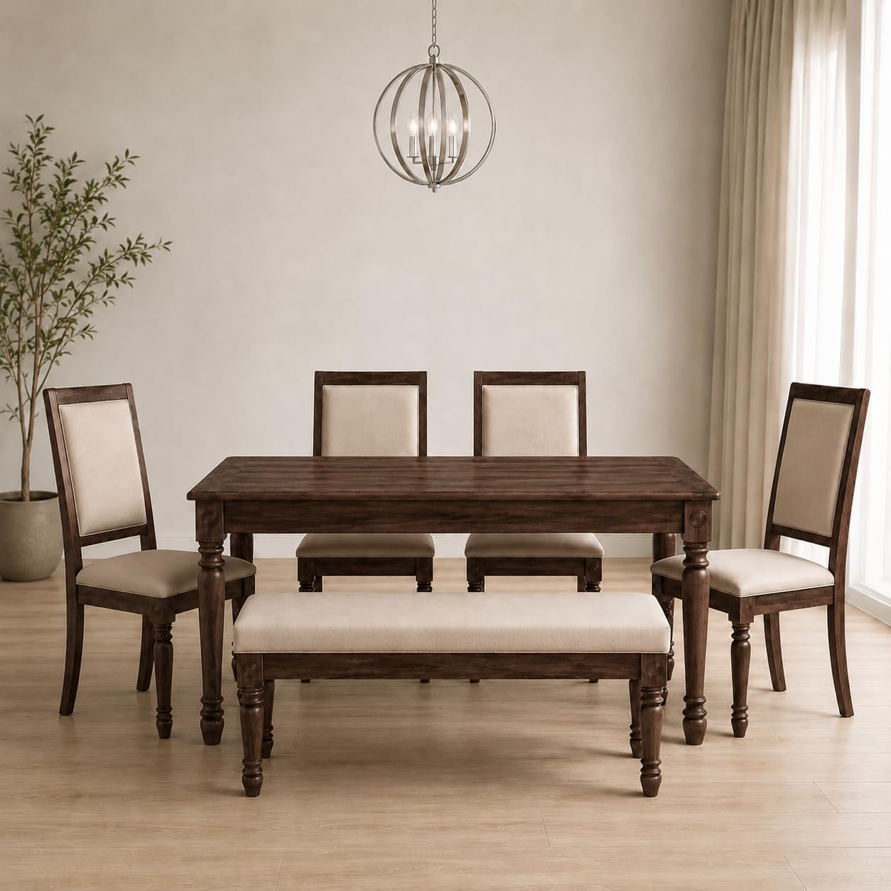 Solid Sheesham Wood 6 Seater Dining Table Set with 4 Cushioned Chairs & Bench | Modern Wooden Dining Furniture for Home, Kitchen & Dining Room | Walnut Finish-image-45