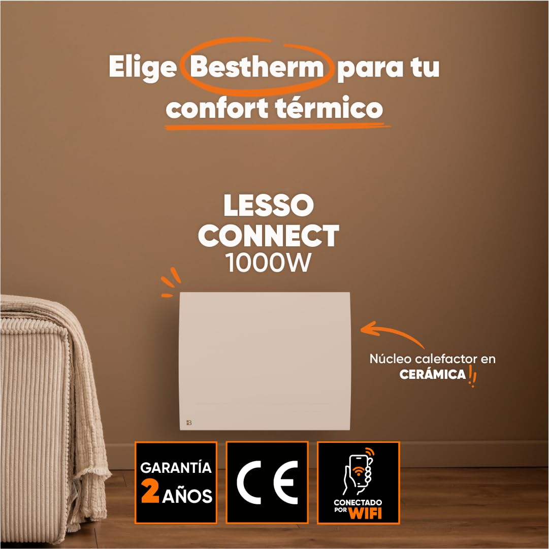 BESTHERM - Radiador eléctrico fijo conectado WIFI con inercia seca cerámica 1000 W Bestherm LESSO CONNECT horizontal blanco