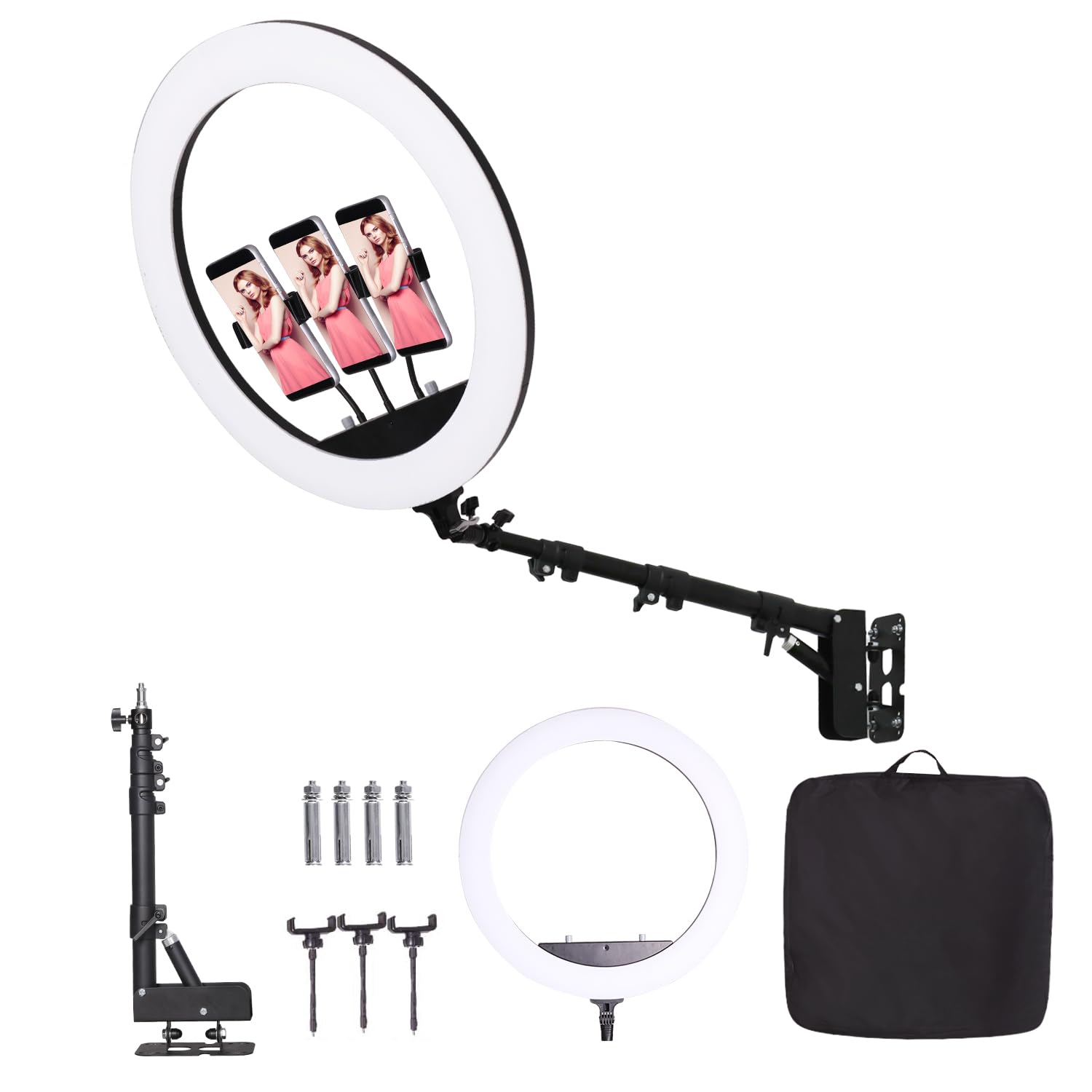 Lampada ad Anello da 25 Pollici con Supporto per Telefono, Braccio Triangolare Regolabile e Montaggio a Parete per Illuminazione Fotografica, Live Streaming, Salone, Estetica, Parrucchiere