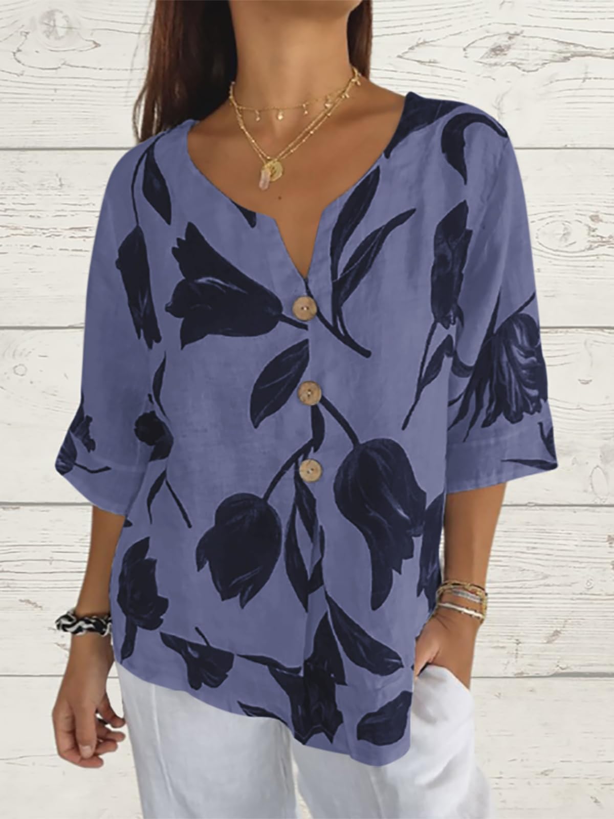 Womens 3/4 Length Sleeve Tops Dressy Casual V Neck Boho Floral Print Summer Blouses Shirts