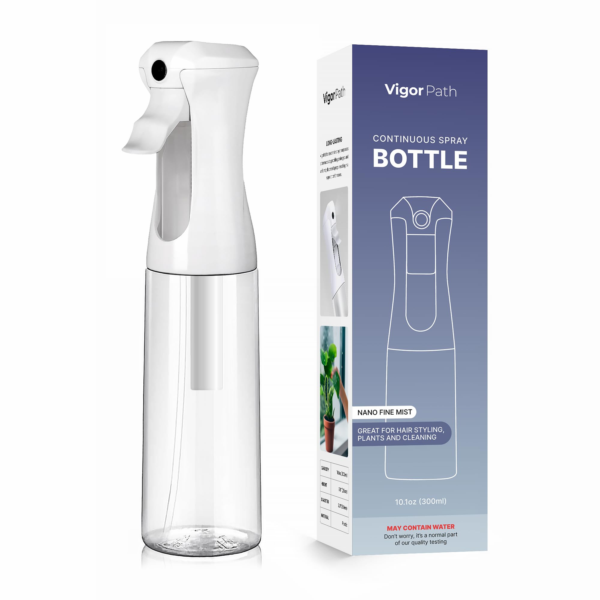 VIGOR PATH Botella de spray continuo para el cabello, niebla fina para peinar, limpiar, plantas, mascotas, salones y uso de aceites esenciales (300 ml, transparente)