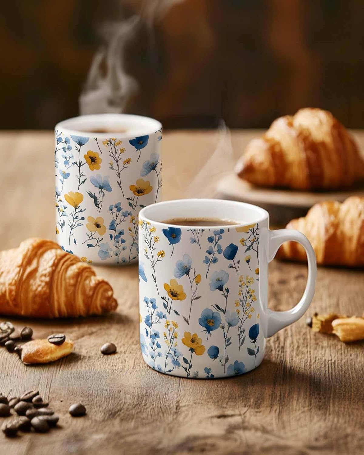 BEMIGO Ceramic Coffee Mug Blue Yellow Flowers Leaves Ceramic Mug White Cup, Spring Wildflowers Insulated Coffee Cup with Handle with Pattern Perfect for Tea and Hot Beverages, 12oz