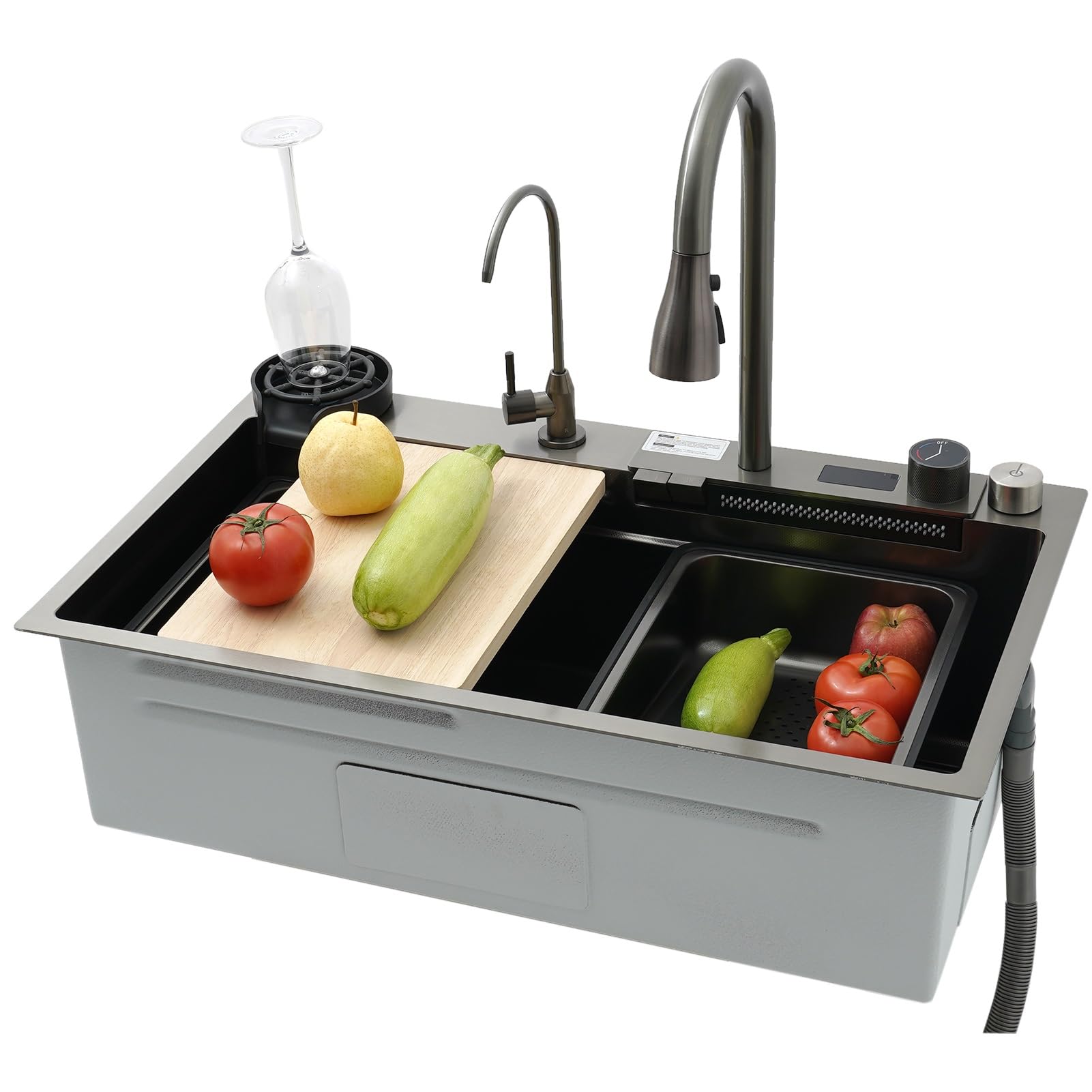 ZQFHSX Stainless Steel Kitchen Sink, with Pull-Out Faucet, Glass Rinser, Waterfall Workstation Deep Utility Bar Textured Surface, Full Drain Kit, Single Bowl(75x45x22cm)