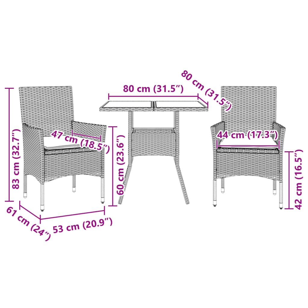 3 TLG Garten Essgruppe mit Kissen, Poly Rattan grau, Glas Tischplatte, wetterfest, pflegeleicht, für Terrasse Balkon Garten Lounge Sitzgruppe mit 2 Stühlen und Tisch