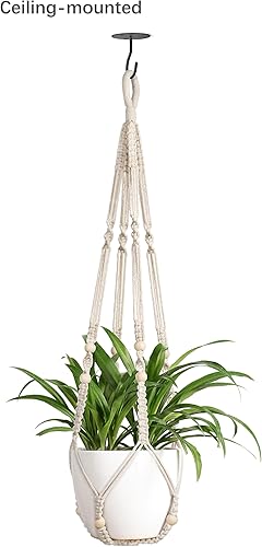 Miniatura 4 de Mkono Macetero colgante de cerámica y ganchos de techo, poco profundos de 8 pulgadas y 6 pulgadas de profundidad para plantas de interior y