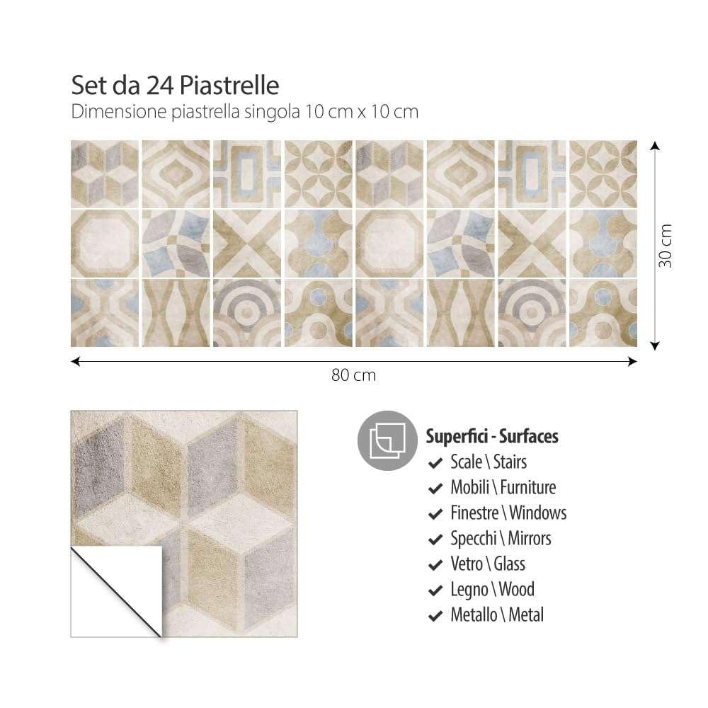 RE-COVERTILES - Adesivi per Piastrelle Bagno e Cucina 24 Pz 10x10 cm - PS00172 Decorazione murale in PVC impermeabile mattonelle mosaico stile cementine Azulejos