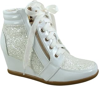 Forever Link Women's Fashion Glitter High Top Lace Up Wedge Sneaker Shoes