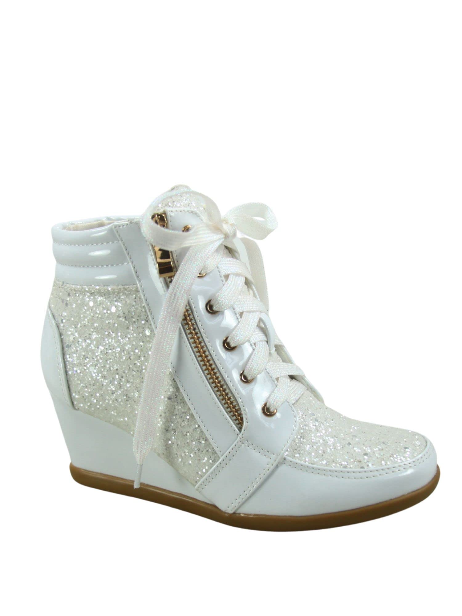Women's Fashion Glitter High Top Lace Up Wedge Sneaker Shoes