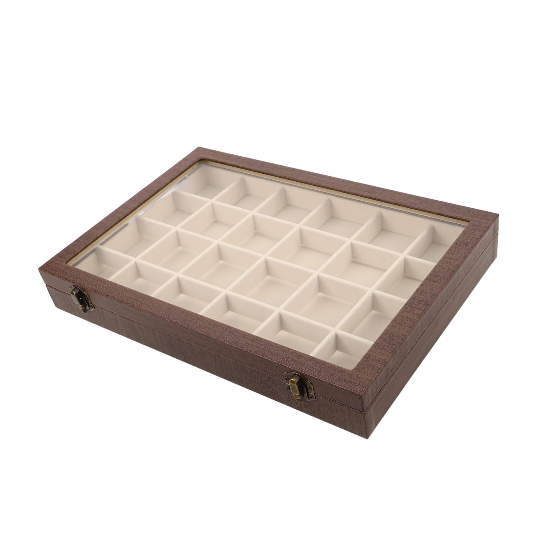 Joyero con Divisor de Madera Retro 24 Compartimentos 5x5 Cm Forro de Terciopelo Resistente Tapa Transparente Organizador de Joyas Portátil para Viajes y Almacenamiento
