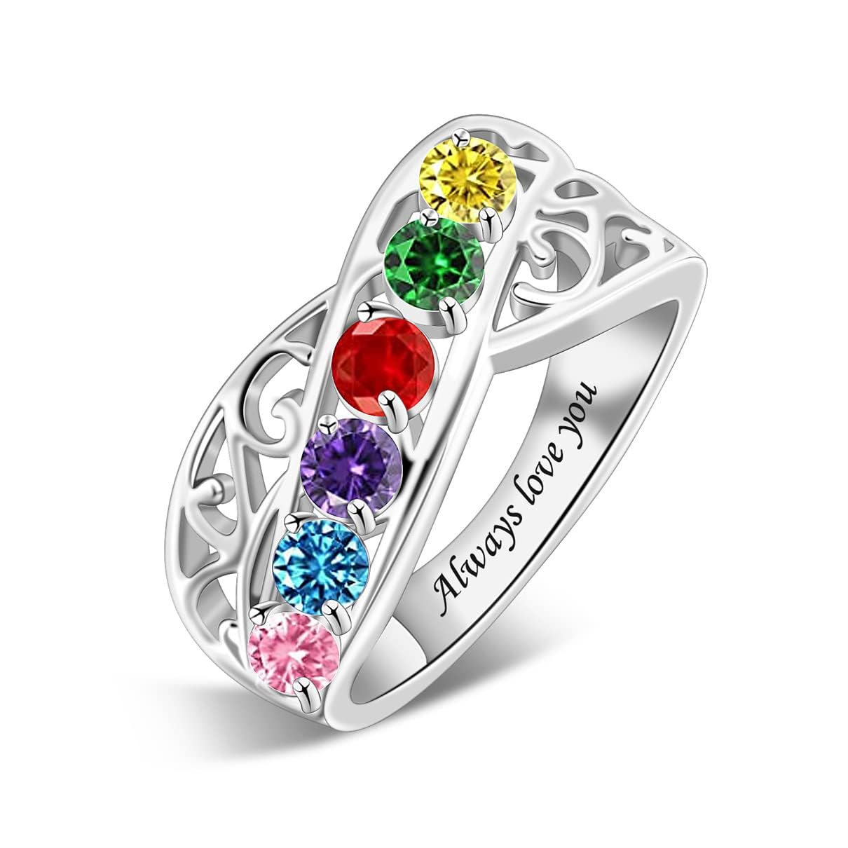 YITUB Sterling Silver Personalized Mothers Ring with 1-6 Simulated Birthstones Custom Family Rings Mothers Day Birthday Anniversary Jewelry Gifts for