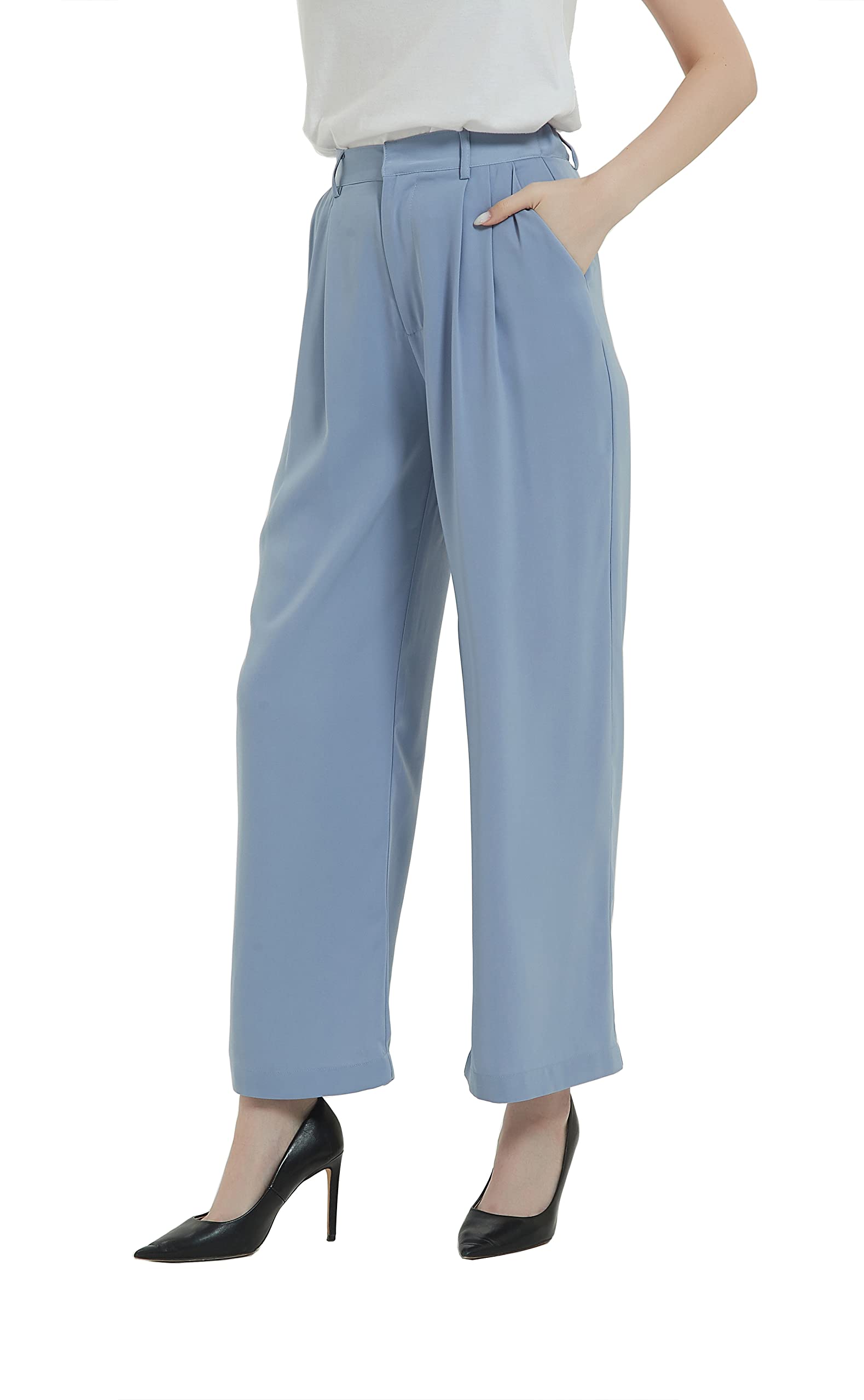 Tronjori Women High Waist Casual Straight Leg Long Business Work Suit Dress Pants Wide Leg Trousers Regular Waistband