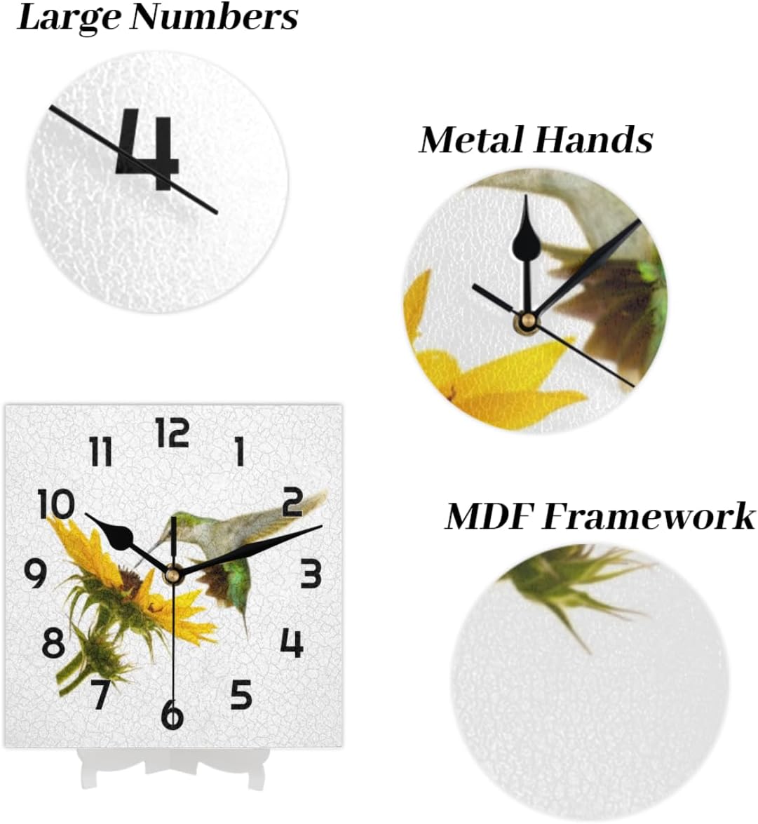 Bird Sunflower Square Wall Clock Silent Non Ticking Clocks 12 Inch Battery Operated Table Standing Wall Decor for Living Room, Kitchen, Home, Bedroom, Office or School